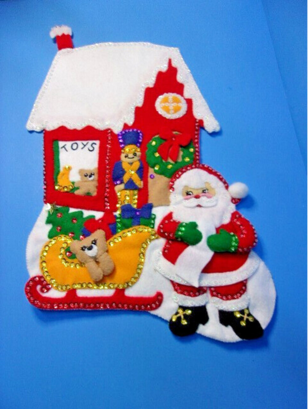 Vintage Bucilla ? Christmas Stocking Felt Sequin Applique Santa Toys Sleigh #1